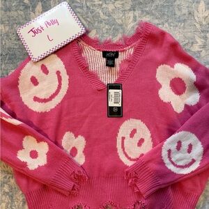 Just Polly Pink V-Neck Sweater with Smiley and Flower Design